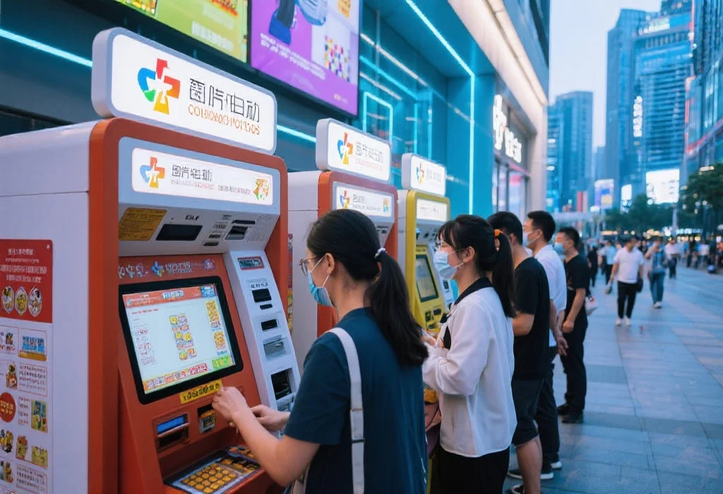 现代中国城市中人们在自助彩票终端前购买彩票，环境明亮，呈现科技感